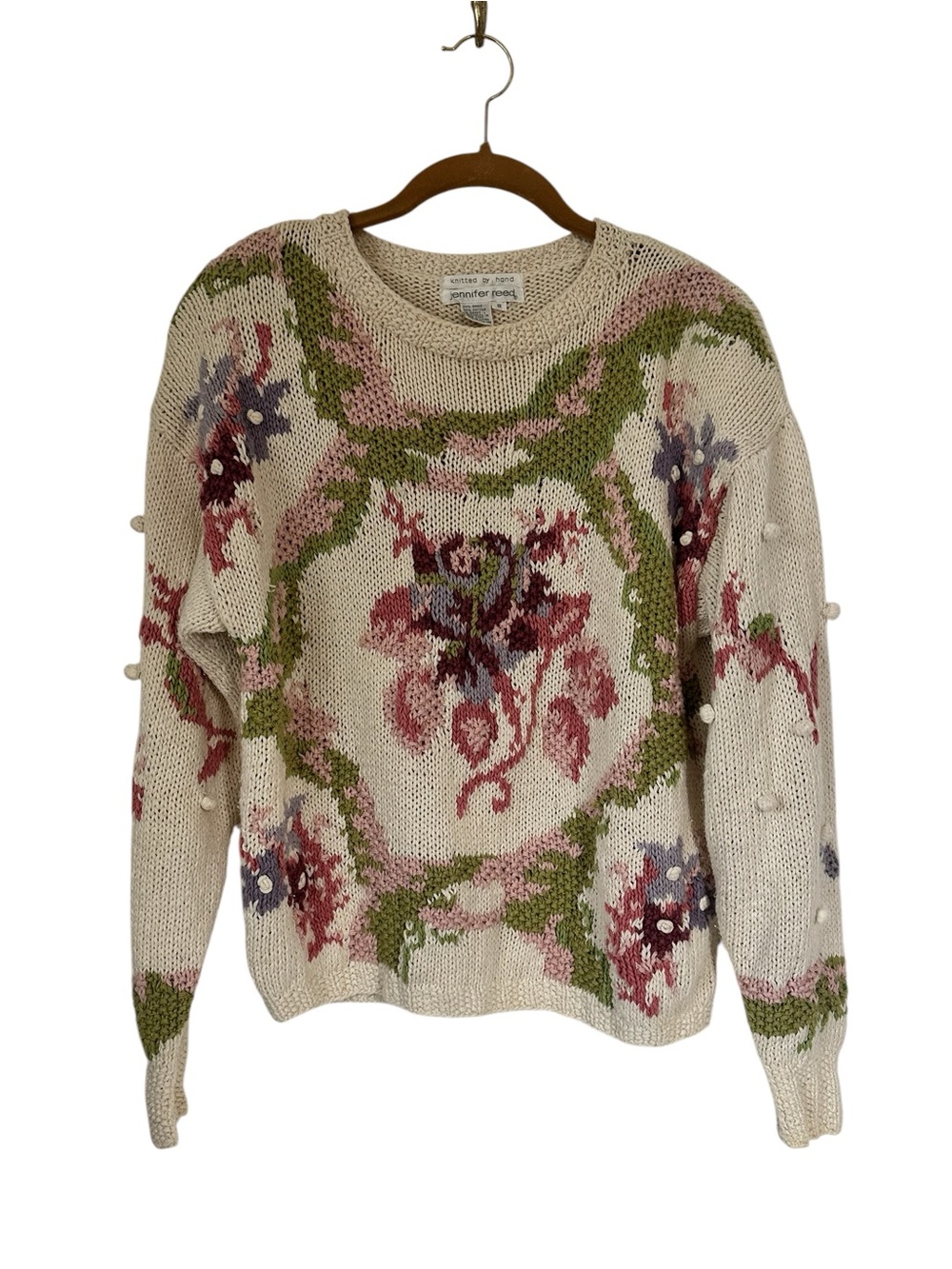 Vintage Jennifer Reed Hand Knitted Sweater Floral Pom Poms Whimsical Cottagecore